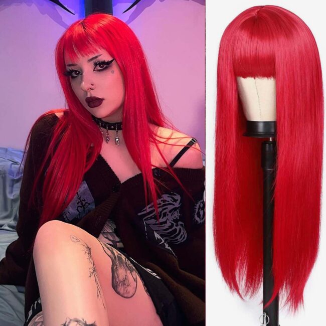 Straight Wigs with Bangs 26 Inches Long Straight Red Synthetic Silky Wig with Bangs Hair Wig for Women Heat Resistant Wig